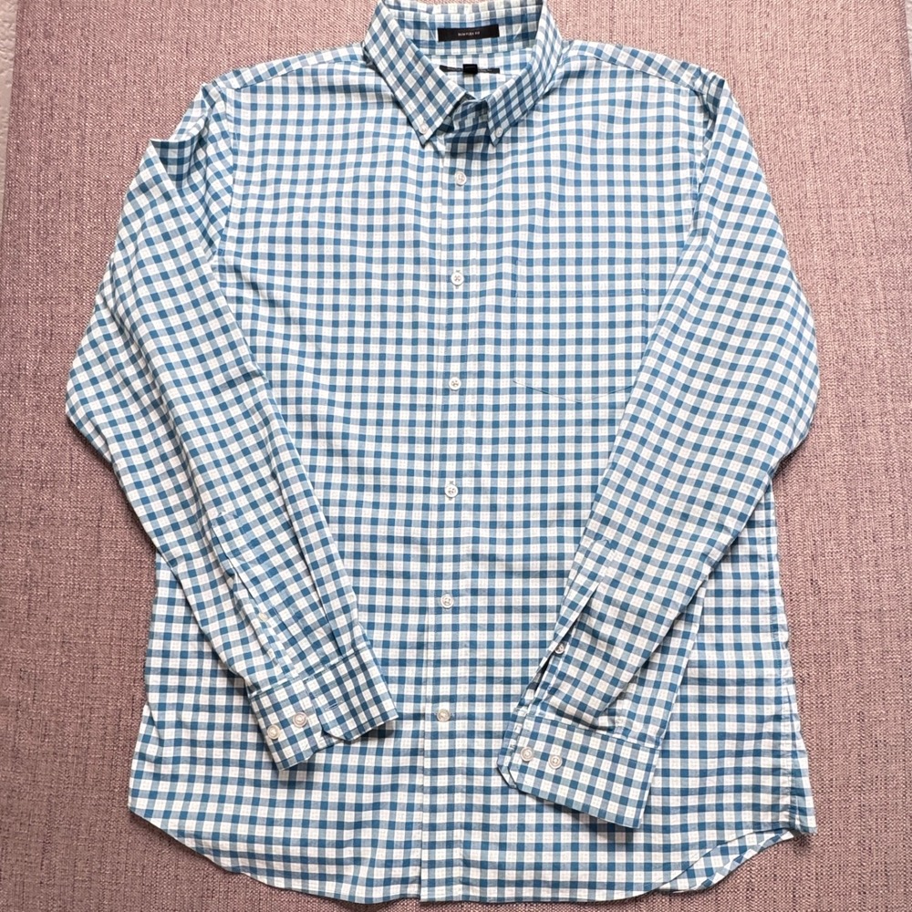 Banana Republic Mens Slim Flex Fit Tech Stretch Cotton Gingham Shirt Blue Large